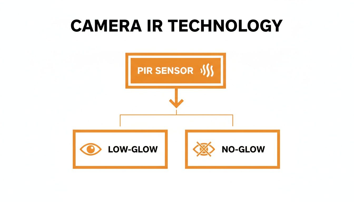 Flowchart detailing camera IR technology, showing PIR sensor leading to low-glow and no-glow options.