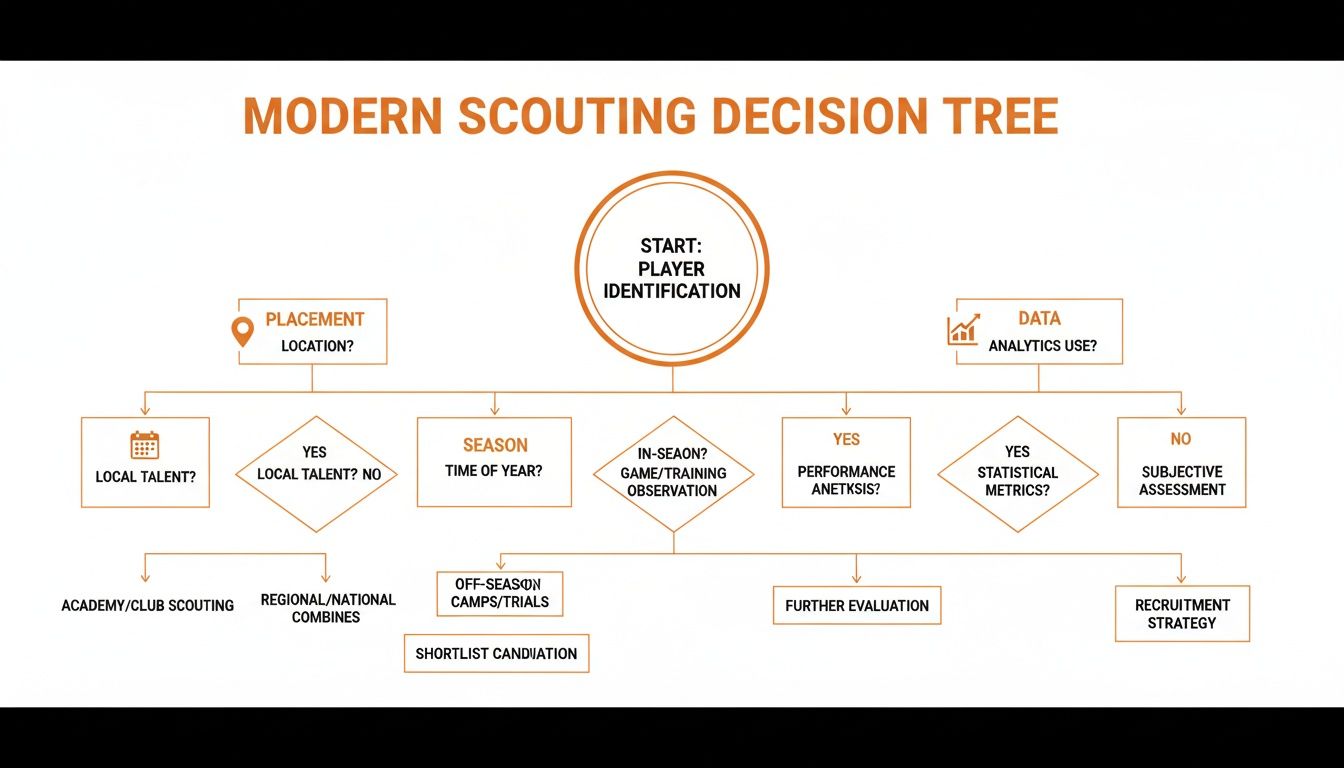 Modern scouting decision tree flowchart for player identification and evaluation strategies.
