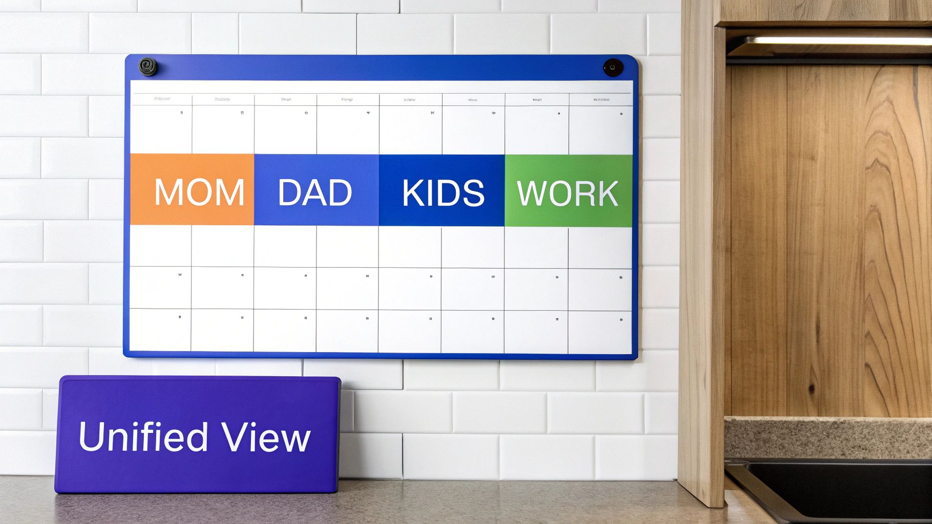 Blue family calendar on tiled wall with 'MOM, DAD, KIDS, WORK' sections and 'Unified View' block.