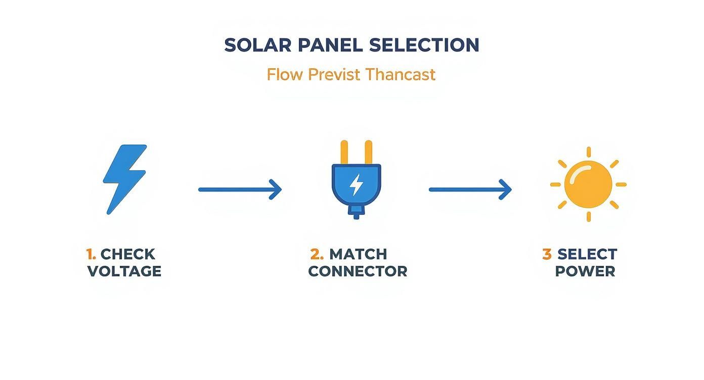 A three-step infographic process for solar panel selection: check voltage, match connector, select power.
