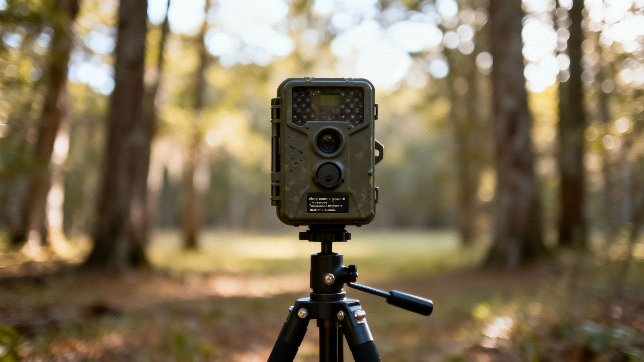 A camouflaged game camera on a black tripod in a forest with blurred trees.