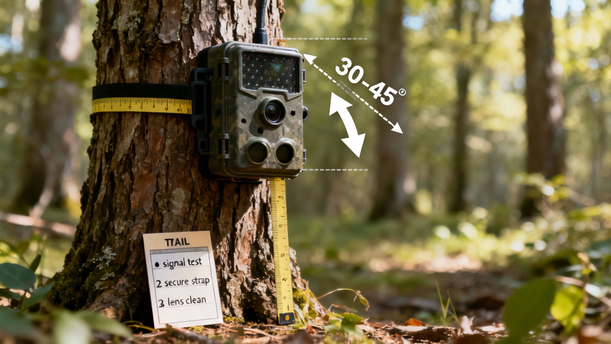 A person setting up a 4G trail camera on a tree in a sunny forest.
