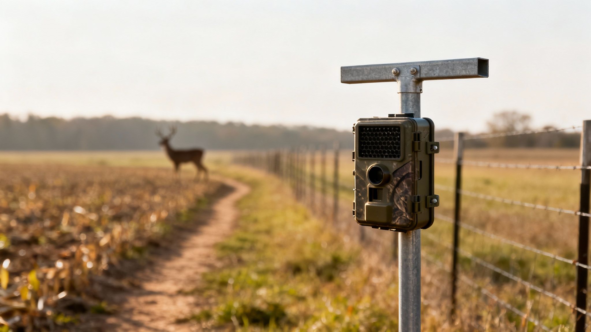 A trail camera on a T-post overlooks a field with a deer and a winding dirt path.