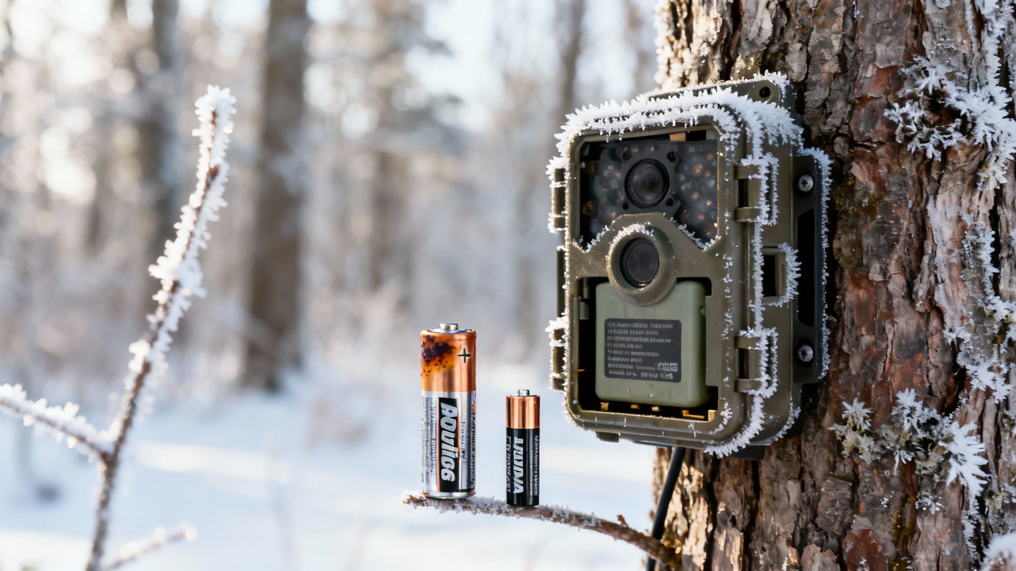 Trail camera mounted on frost-covered tree with two batteries displayed in winter conditions