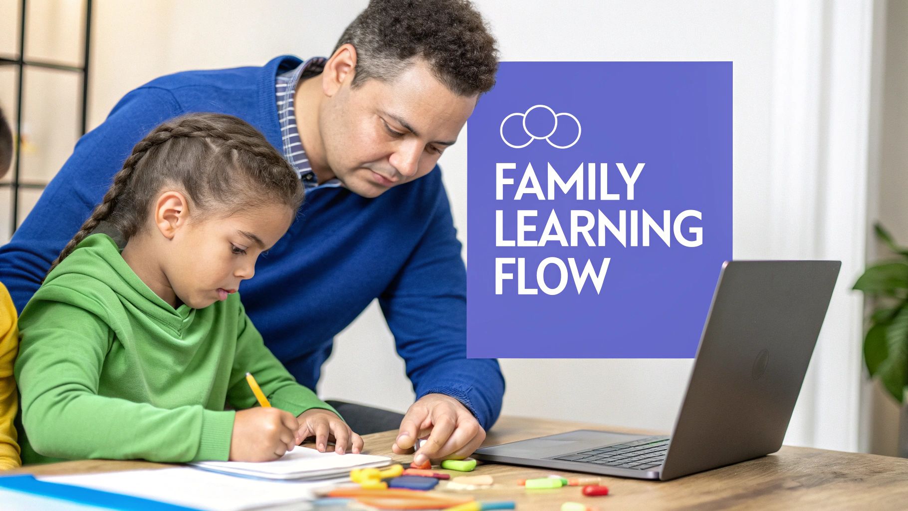 A father and daughter engaged in family learning, with the daughter writing and the father guiding her.