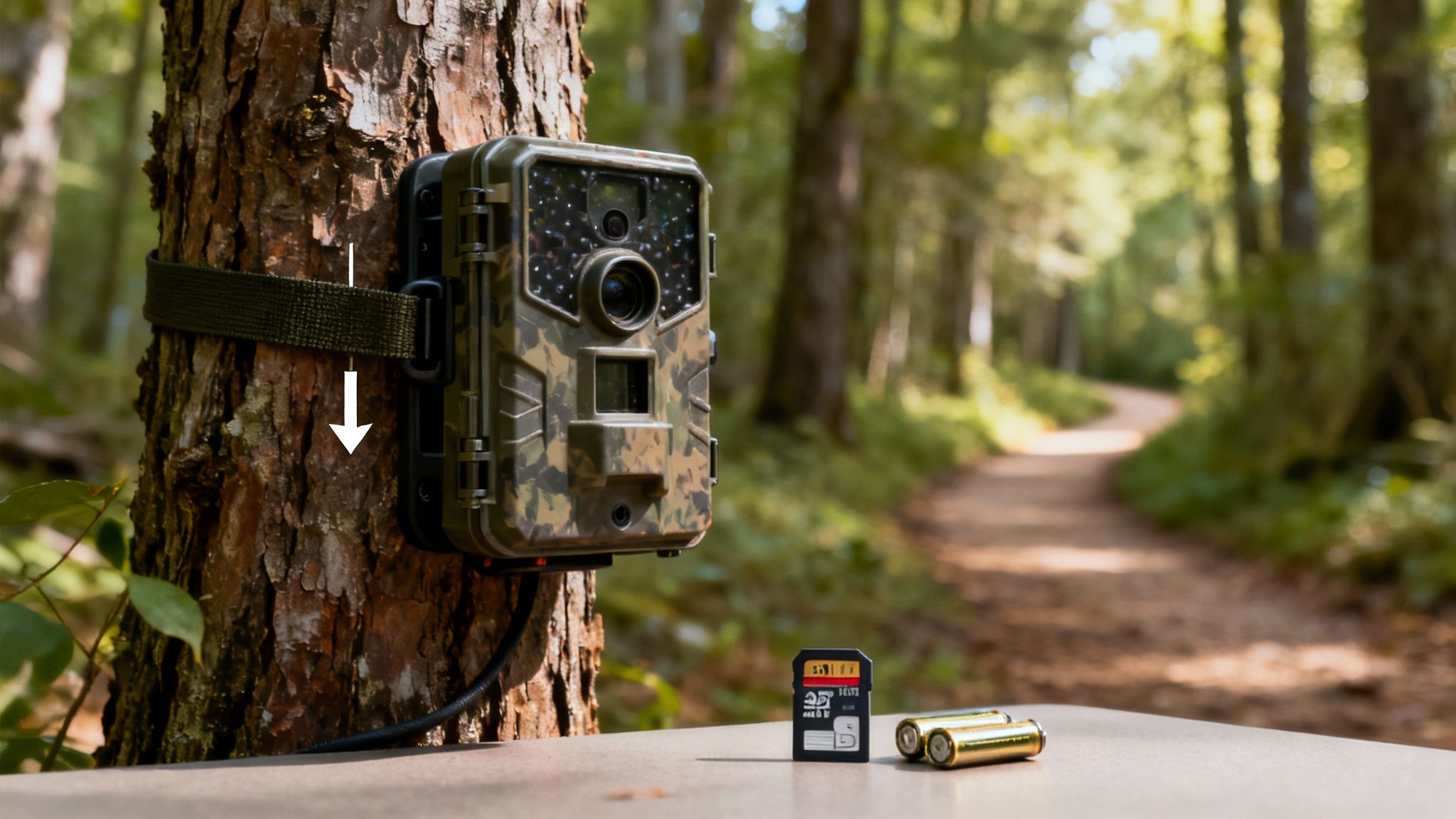 Motion-activated game camera strapped to a tree in a forest with an SD card and batteries.
