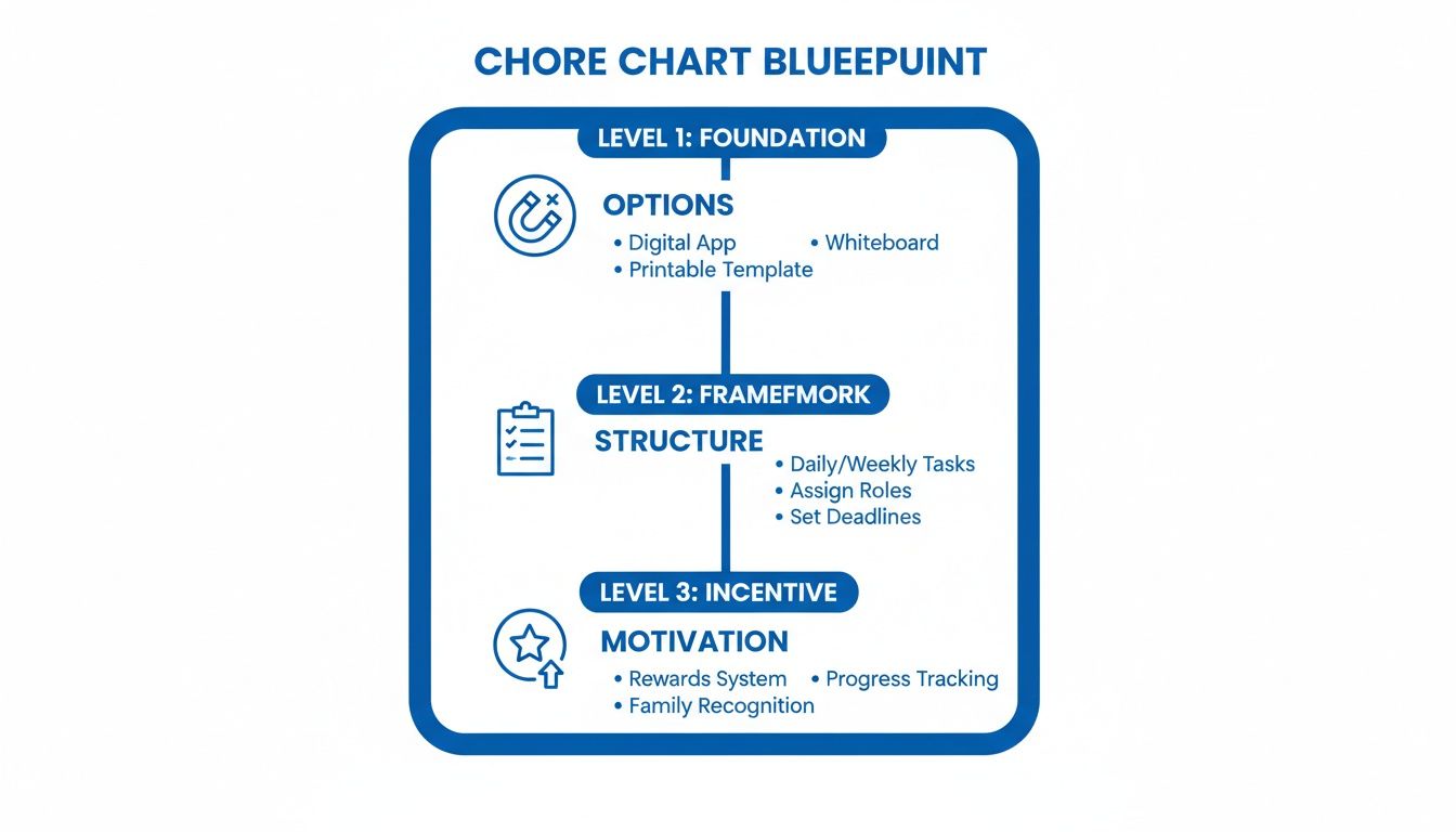 A chore chart blueprint outlining three levels: foundation options, framework structure, and incentive motivation.