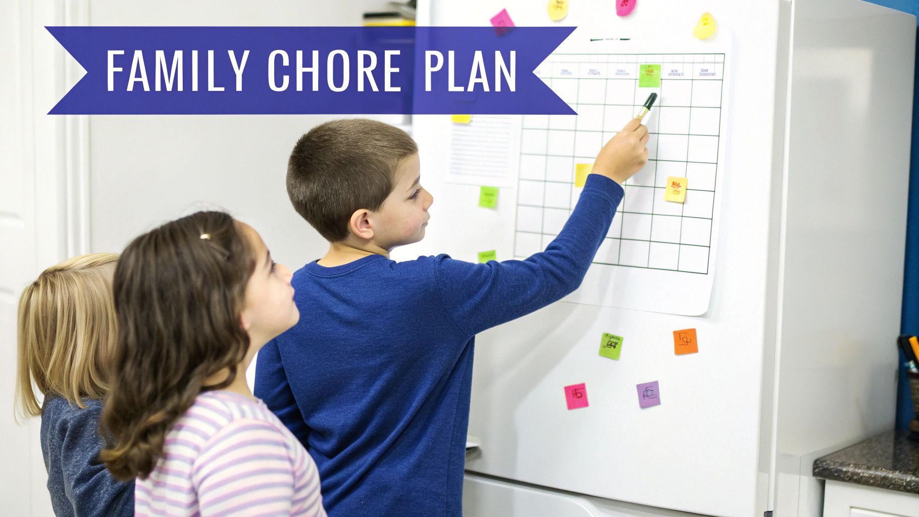 Three children, a boy and two girls, engaging with a family chore plan on a refrigerator.