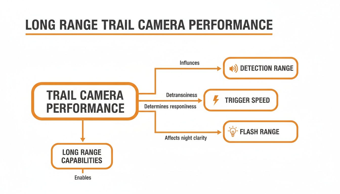 Flowchart illustrating factors influencing long range trail camera performance, including detection range, trigger speed, and flash range.