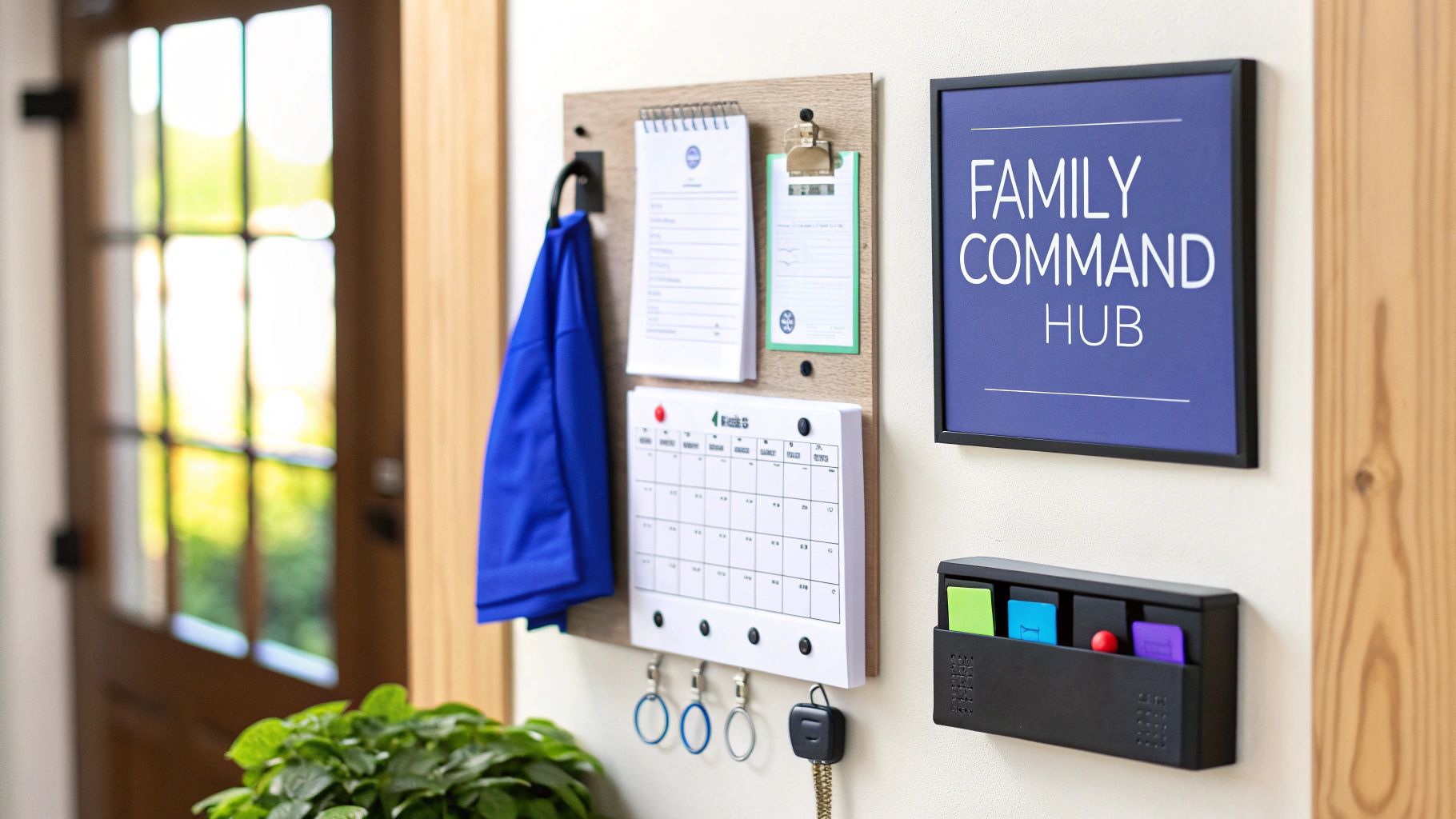 A wall-mounted family command center featuring a calendar, notepads, key hooks, and a 'FAMILY COMMAND HUB' sign.