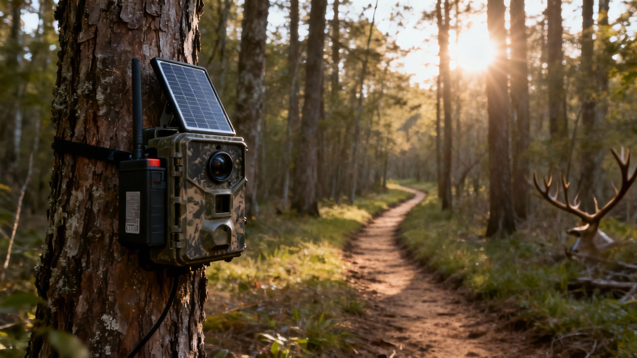 A solar-powered trail camera mounted on a tree in a sunlit forest with a path and deer antlers.