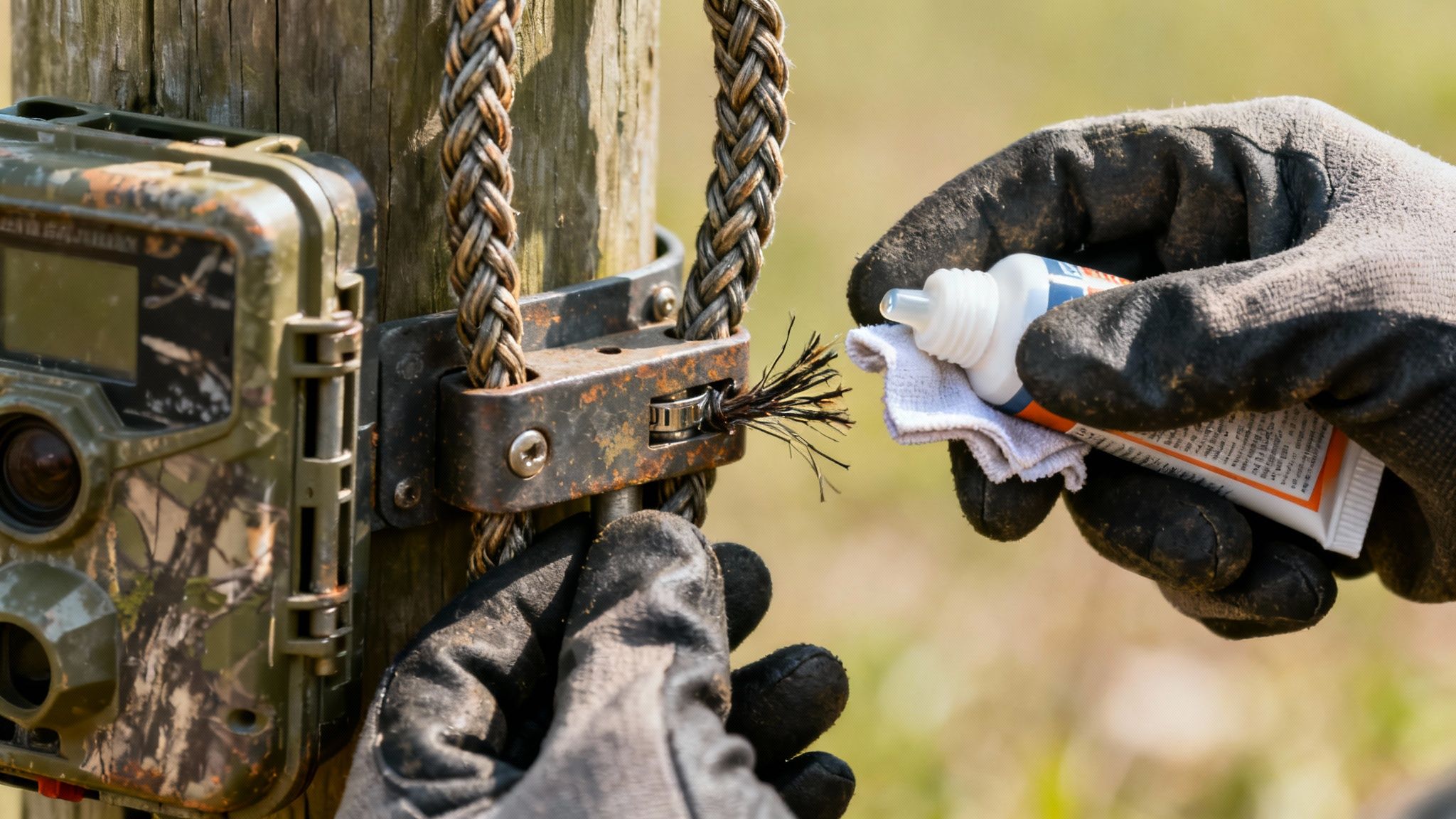 Person in gloves applies a protective liquid to a frayed security cable for a game camera.