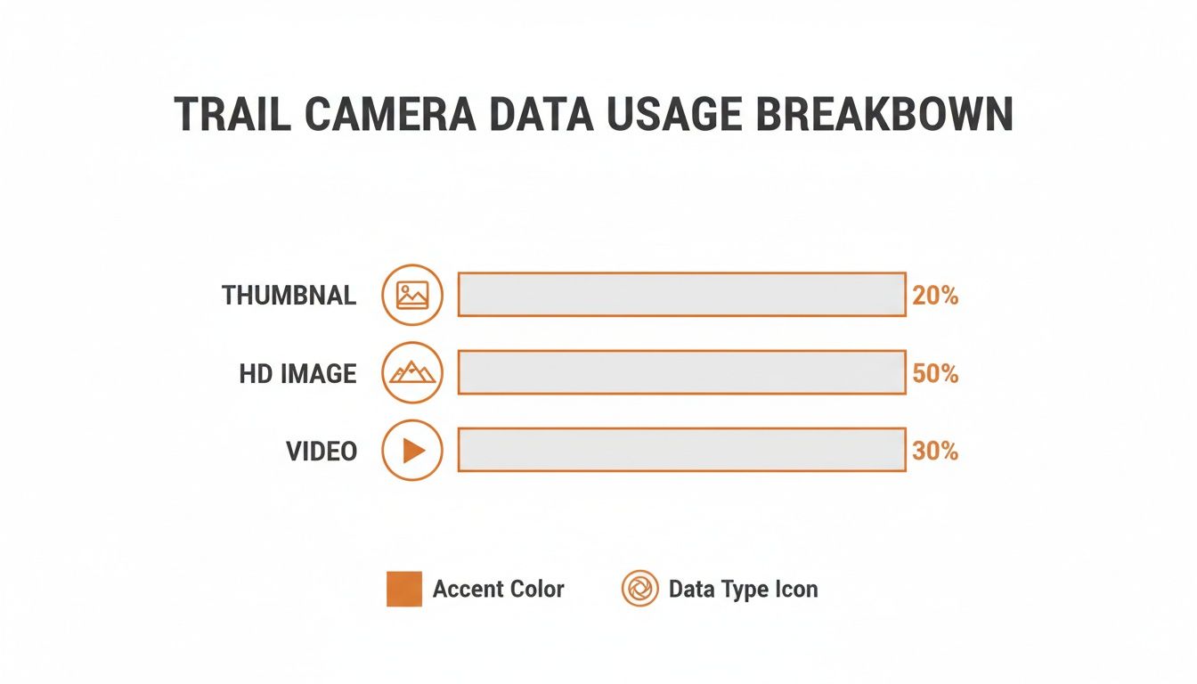 Bar chart illustrating trail camera data usage breakdown: 20% thumbnails, 50% HD images, and 30% video.