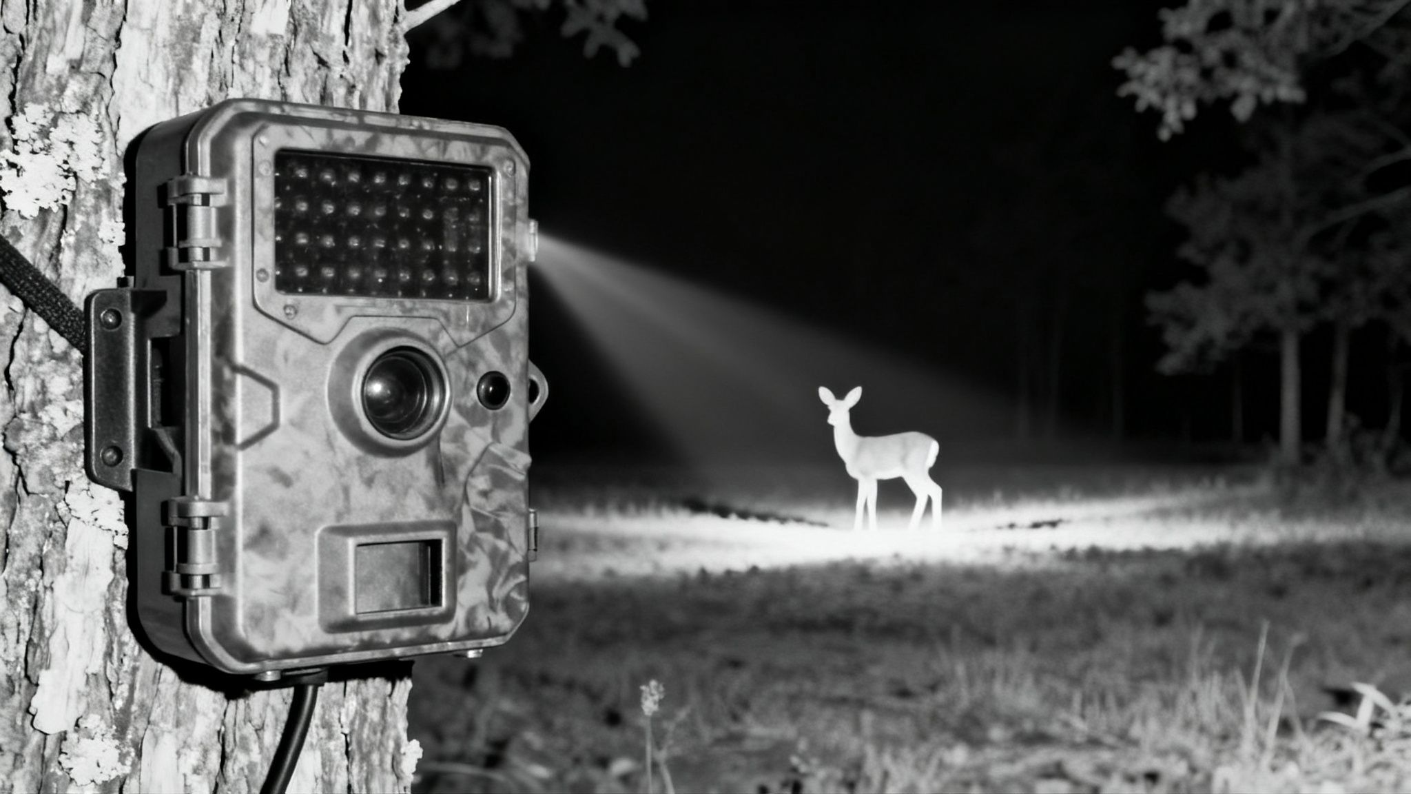 An infrared trail camera mounted on a tree captures a deer illuminated at night.