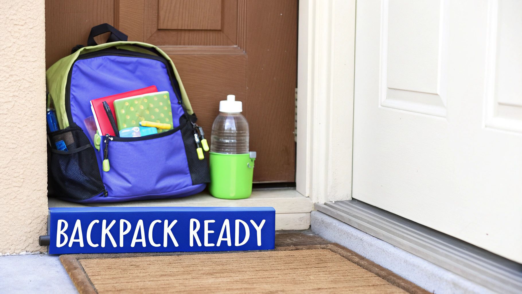 A vibrant blue and green backpack filled with school supplies and a water bottle, next to a 'BACKPACK READY' sign on a doormat.