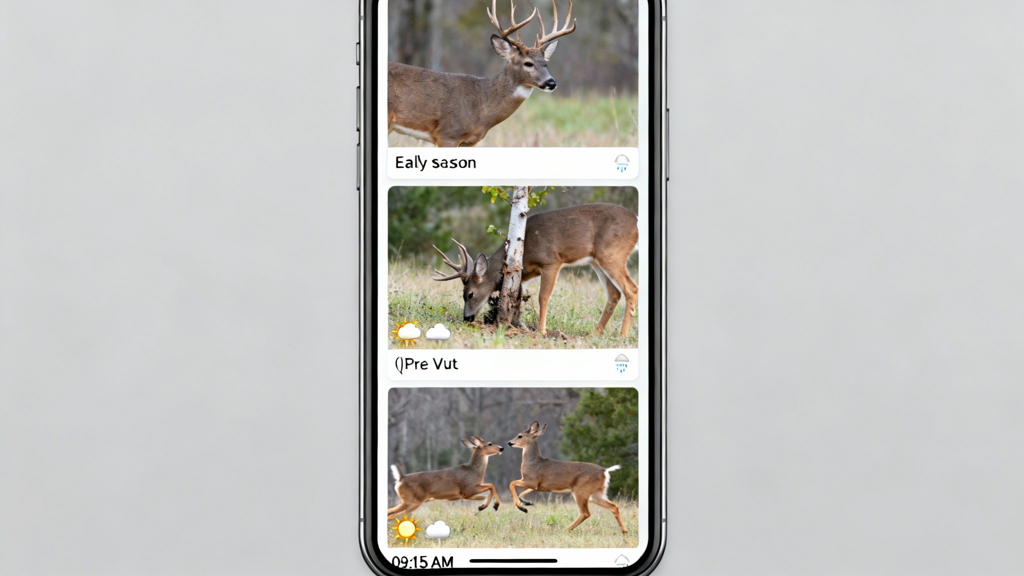 A smartphone displaying a mobile app with three trail camera images of deer and weather conditions.
