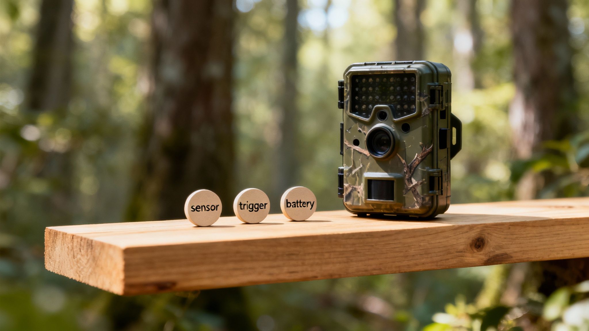 A game camera mounted on a tree in a lush forest, aimed at a clearing.