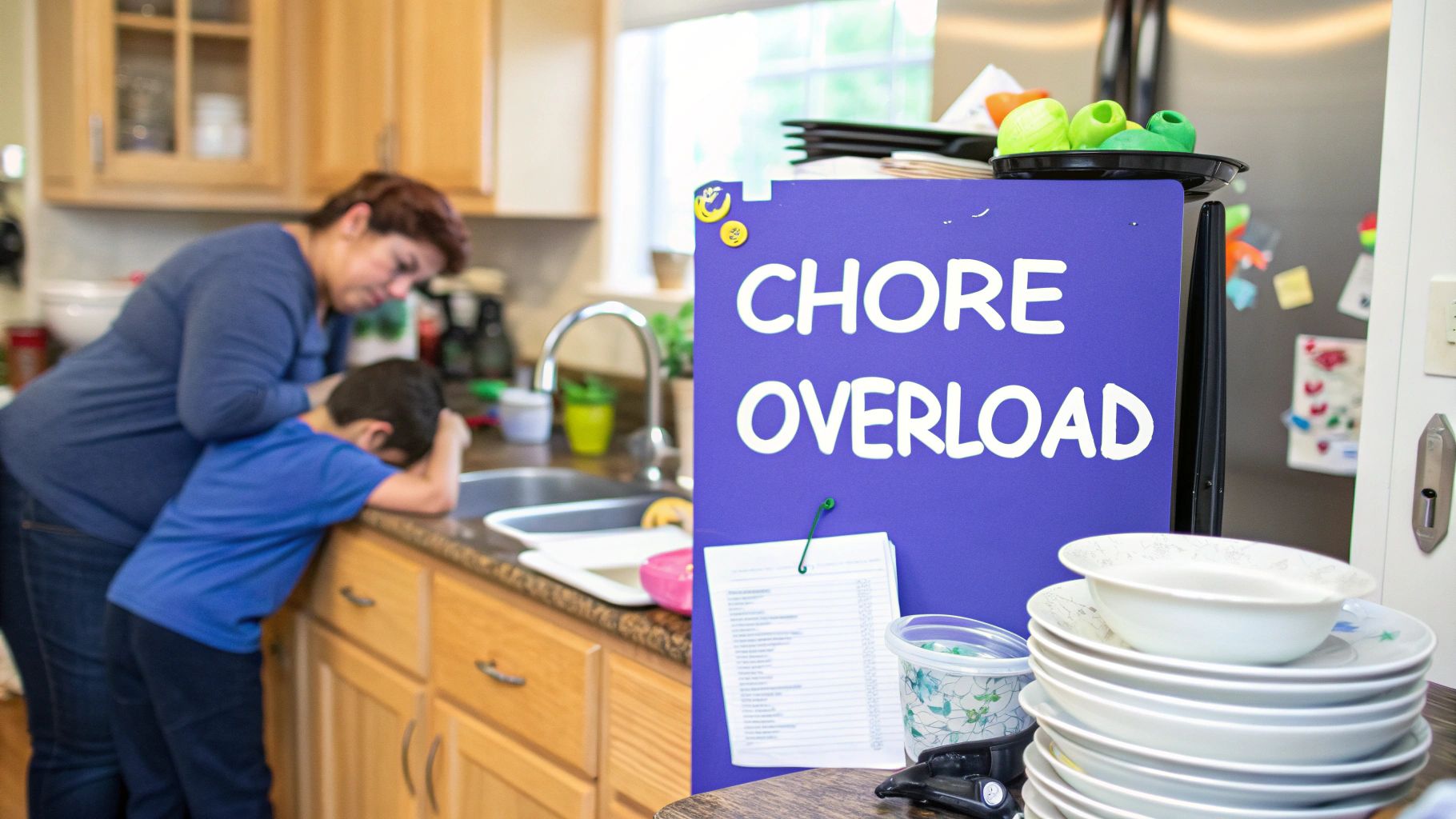 A child and woman look overwhelmed in a kitchen with a "CHORE OVERLOAD" sign and dirty dishes.