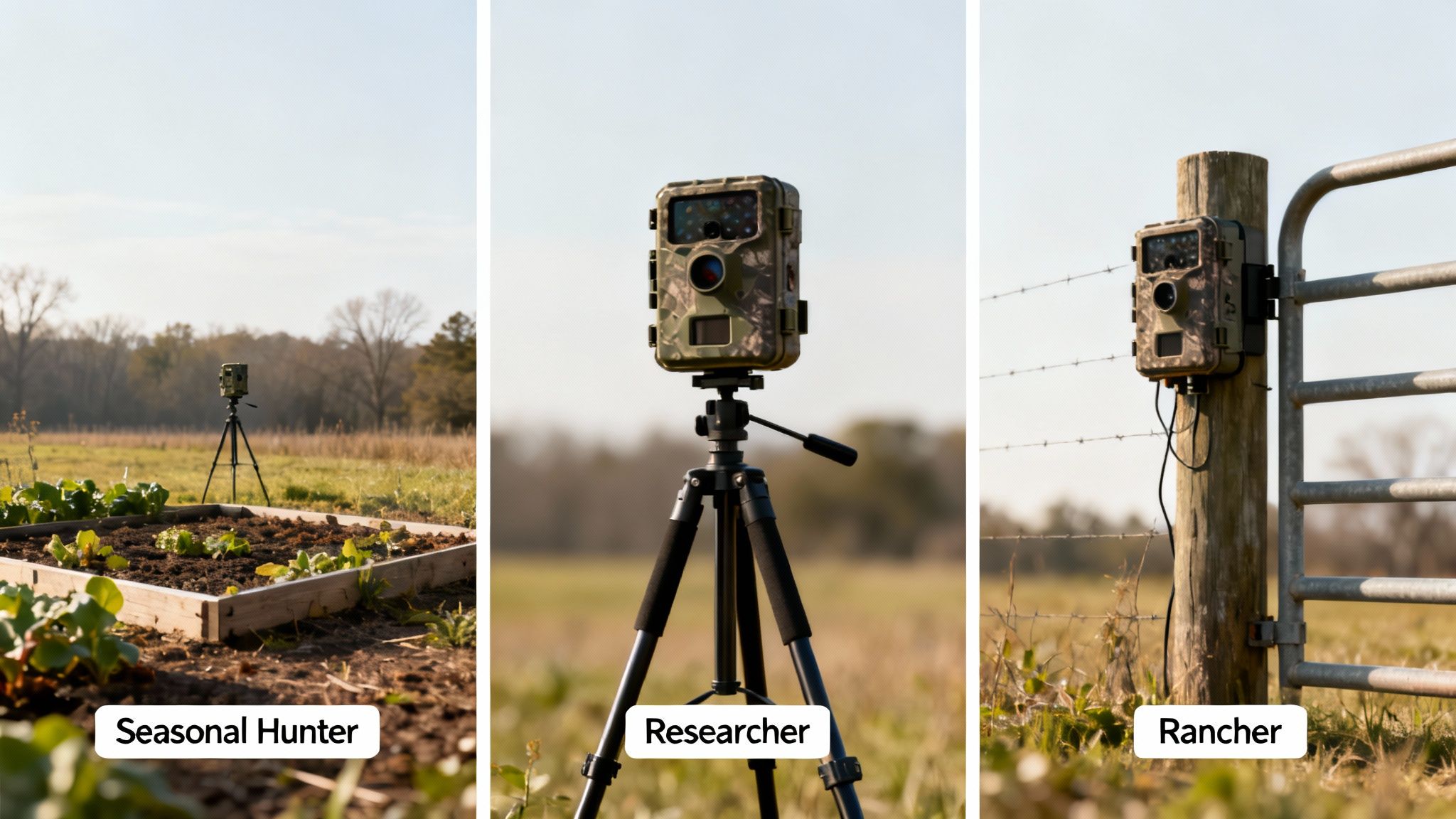 A hunter in camouflage checking a cellular trail camera mounted on a tree.