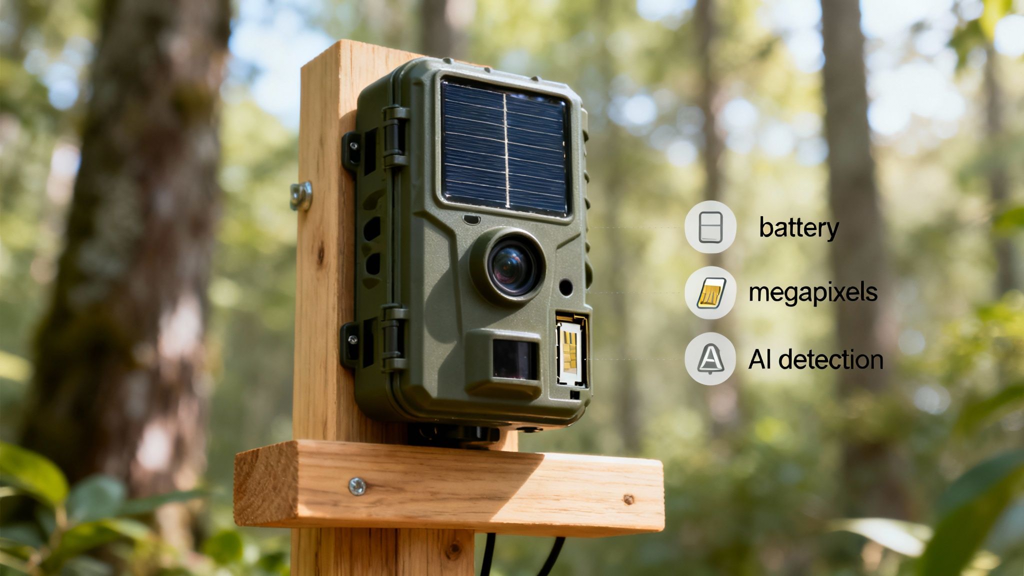 A solar-powered green trail camera mounted on wood in a forest, highlighting battery, megapixels, and AI detection.