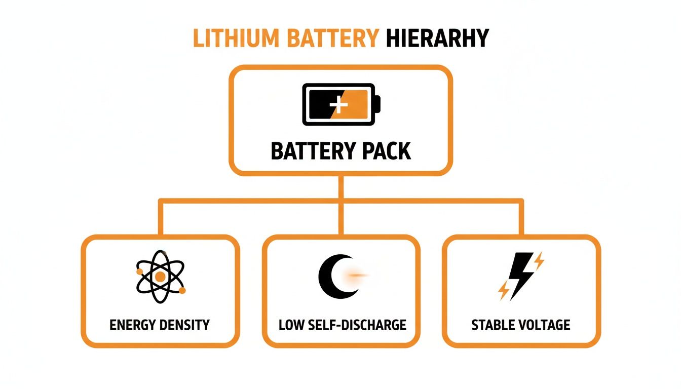 A hierarchy chart detailing lithium battery pack advantages: energy density, low self-discharge, and stable voltage.