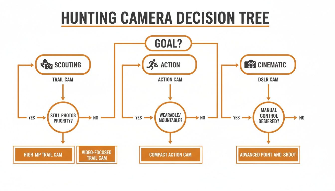 A hunting camera decision tree flowchart illustrating choices based on scouting, action, or cinematic goals.