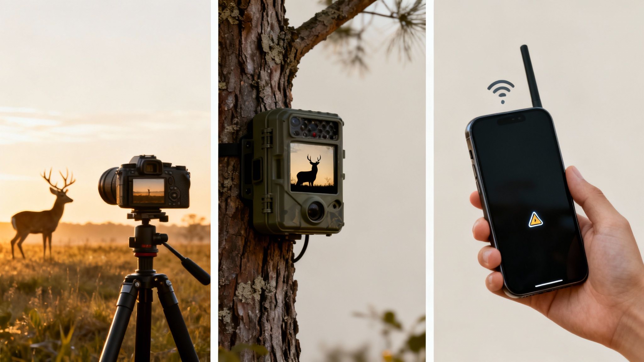 Wildlife photography setup with a DSLR capturing a deer, a trail camera on a tree, and a smartphone with a signal warning.