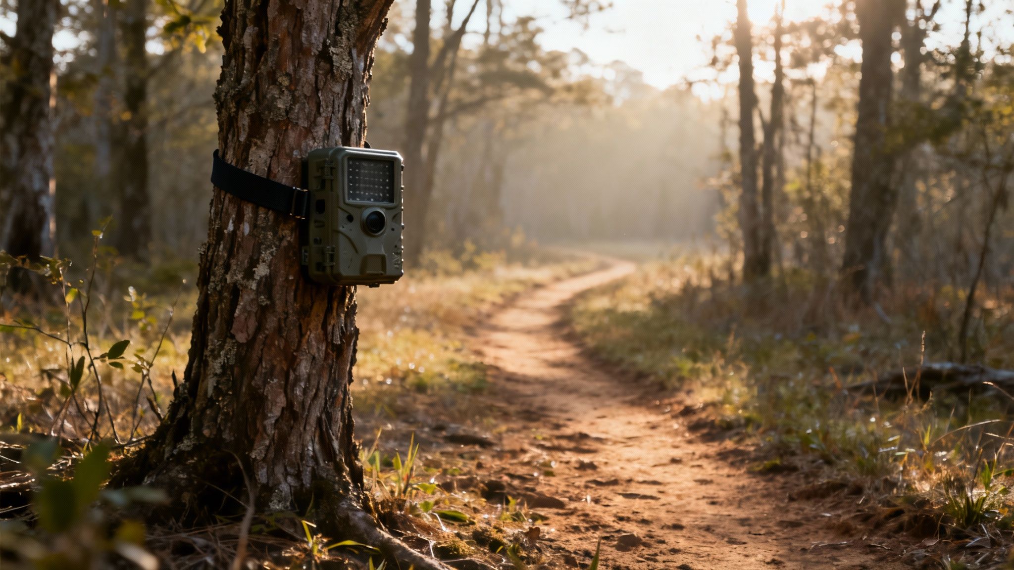 A trail camera is strapped to a tree in a sun-dappled forest with a winding path.