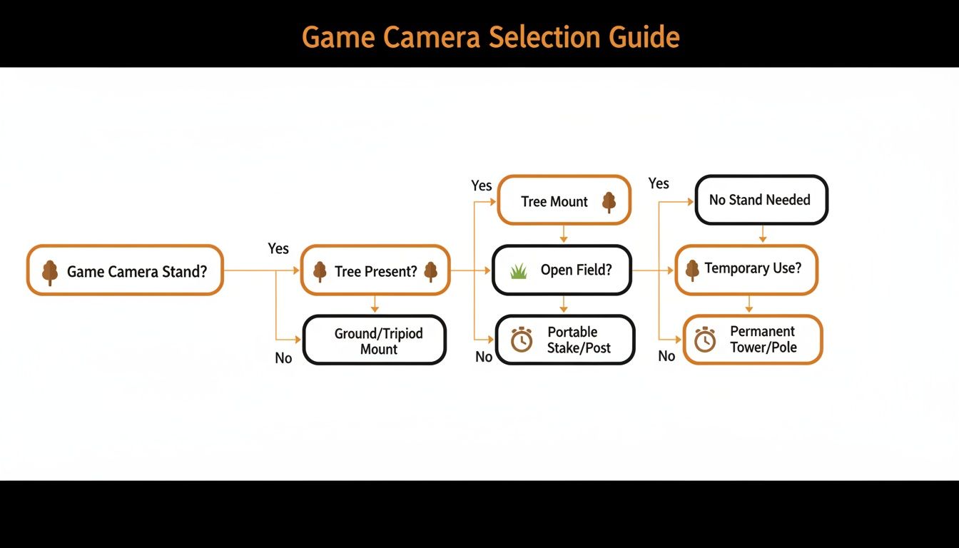 Flowchart guiding game camera stand selection based on tree presence, open field, and temporary use.