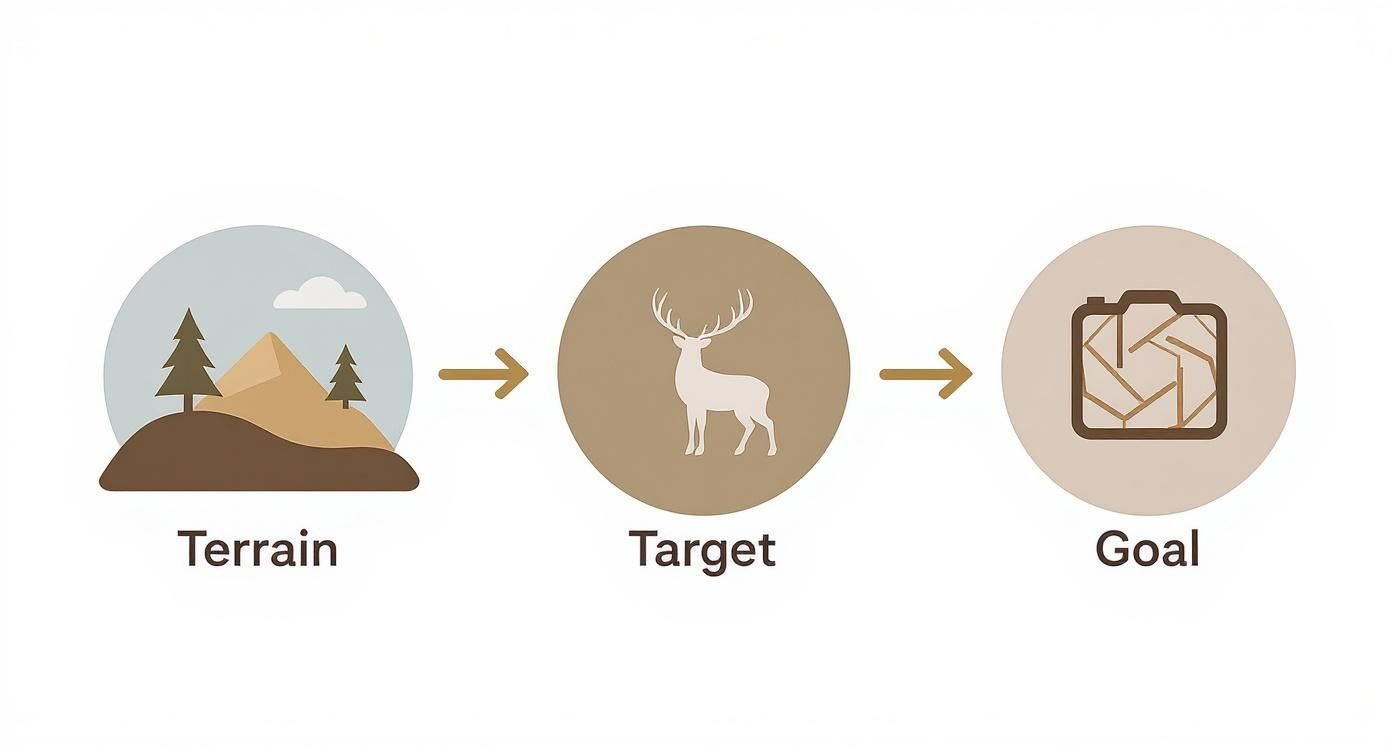 Three-step hunting strategy diagram showing terrain, target deer, and goal suitcase icons with arrows