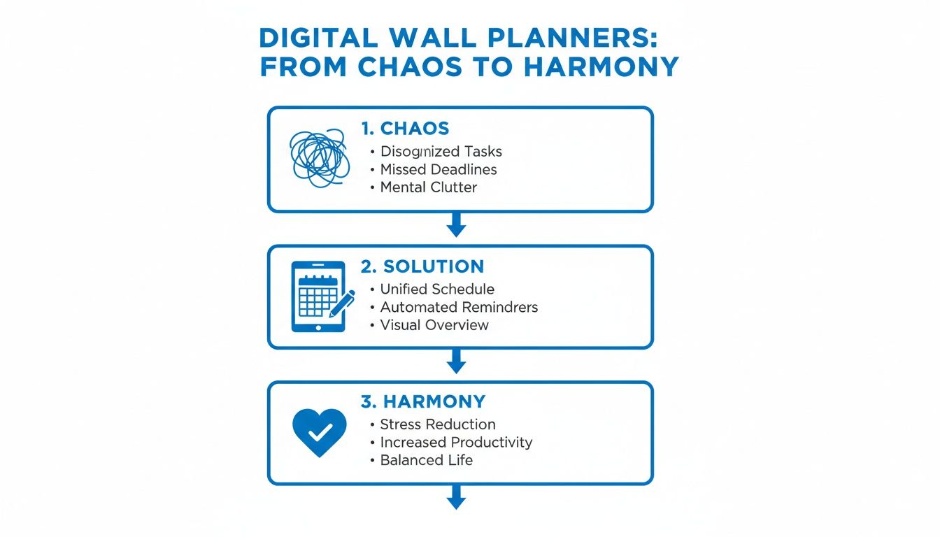 Flowchart illustrating how digital wall planners transform chaos into harmony, showing steps and benefits.