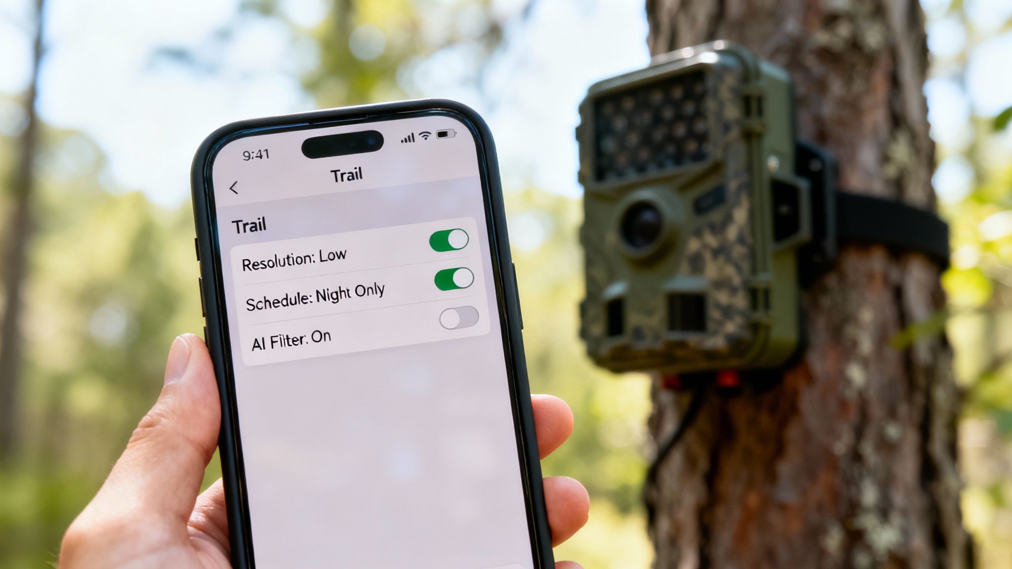 Hand holding smartphone displaying trail camera settings with a camera on a tree in the background.