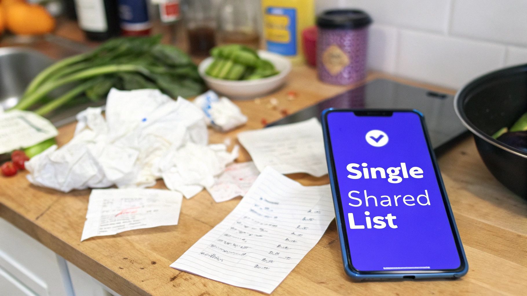 A smartphone showing a 'Single Shared List' app sits on a kitchen counter with handwritten lists and fresh vegetables.