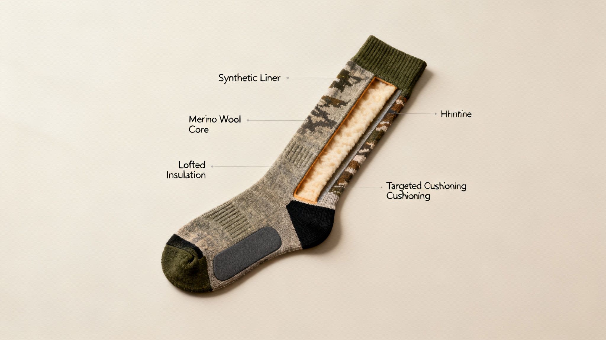 Detailed cutaway view of a hunting sock, showing its layers: synthetic, wool, insulation, and cushioning.