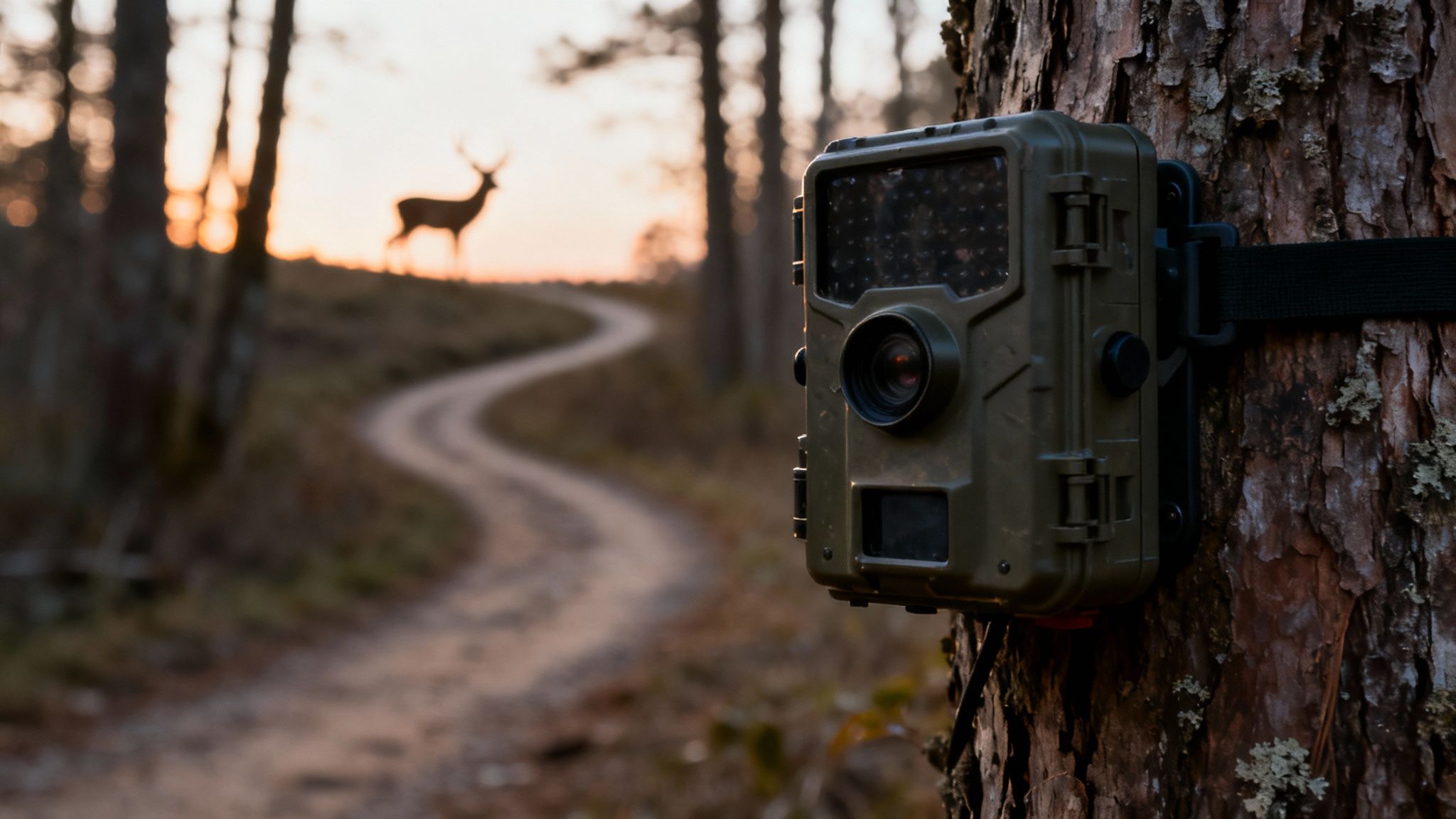 A hunter adjusting a trail camera strapped to a tree in a sunlit forest.