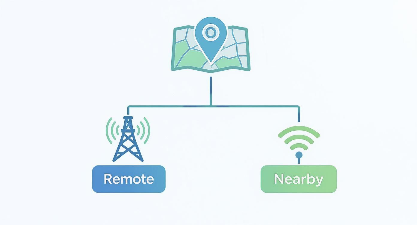 Diagram showing a map with a location pin connected to remote cellular and nearby Wi-Fi signals.
