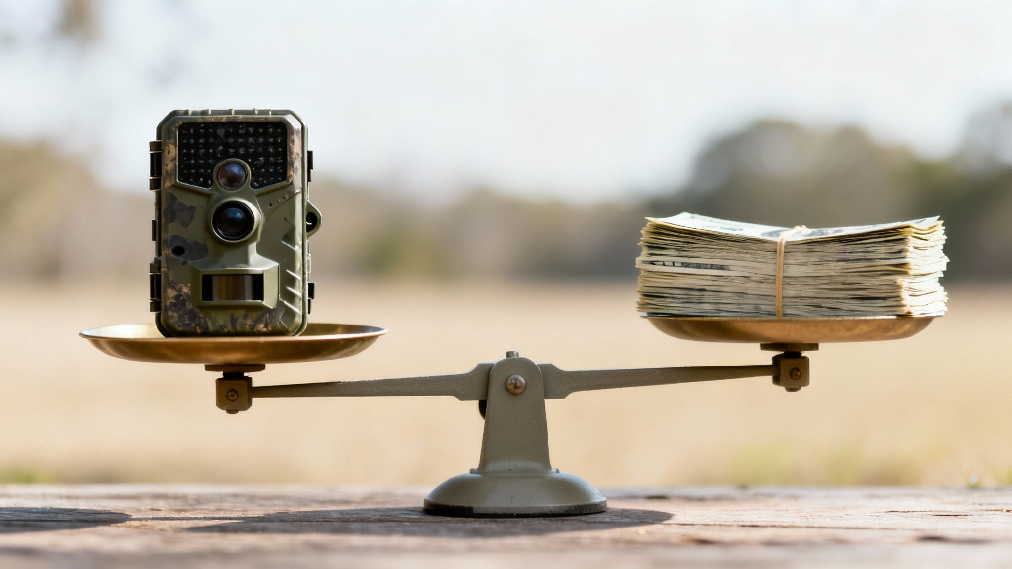 A camouflage trail camera and a large stack of cash balanced on an old scale outdoors.