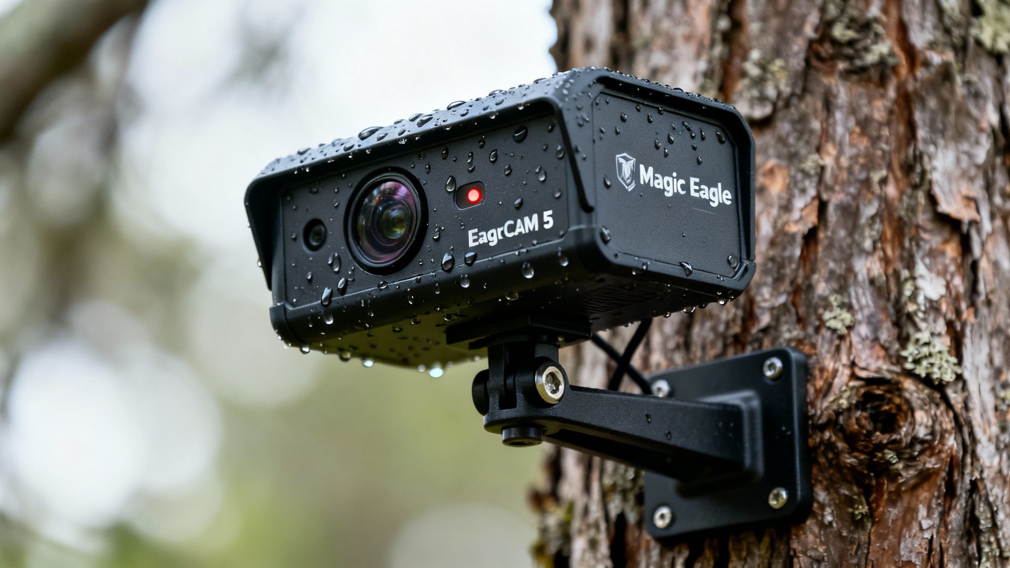 Water-covered Magic Eagle EagrCAM 5 trail camera with a red light mounted to a tree trunk.