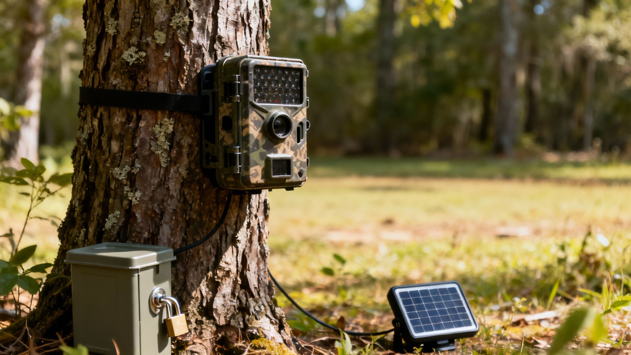 A hunter adjusting a game camera secured to a tree with a lockbox in a sunlit forest.