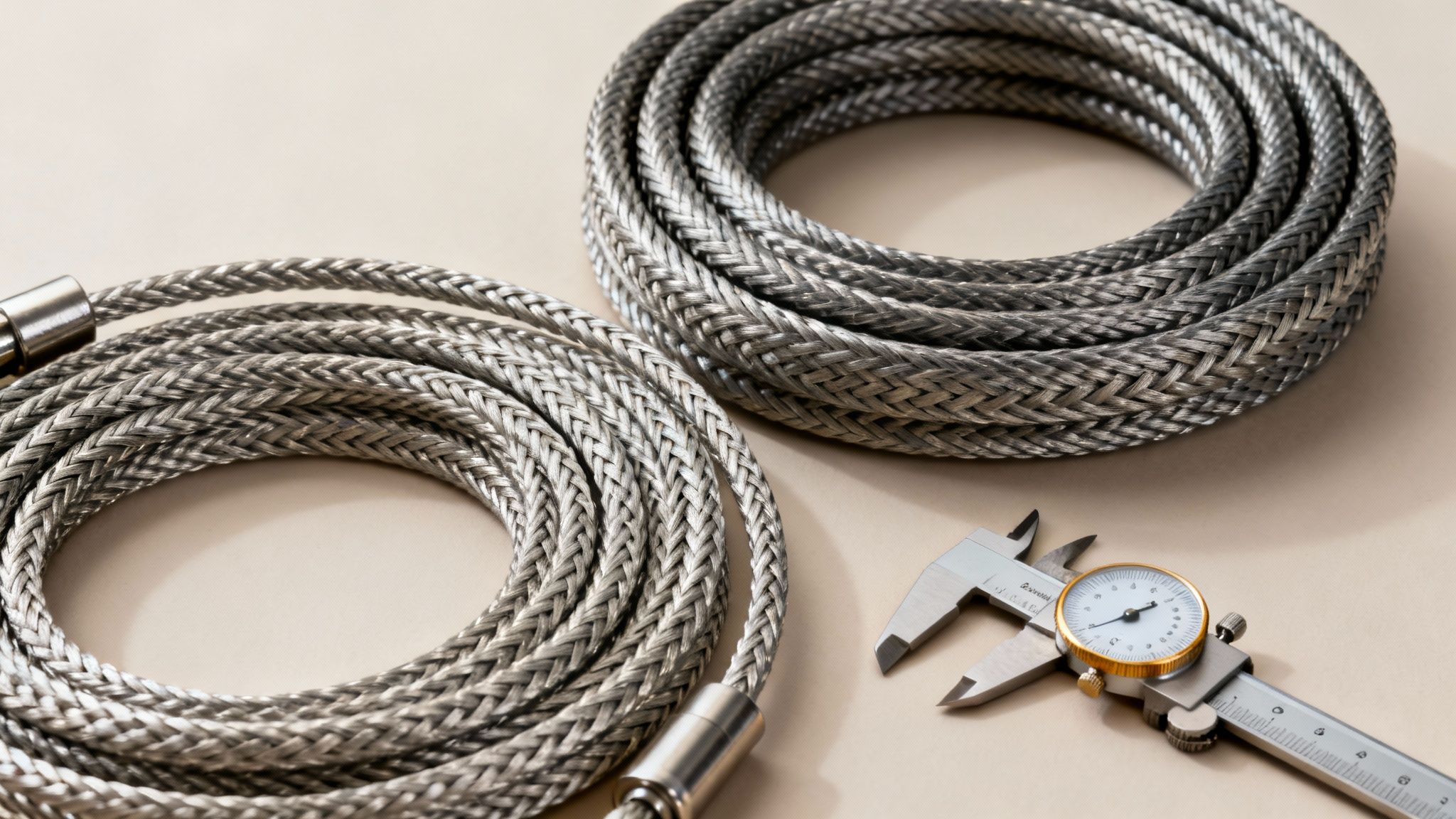 Two coiled braided metal cables and a precision caliper on a light beige background.