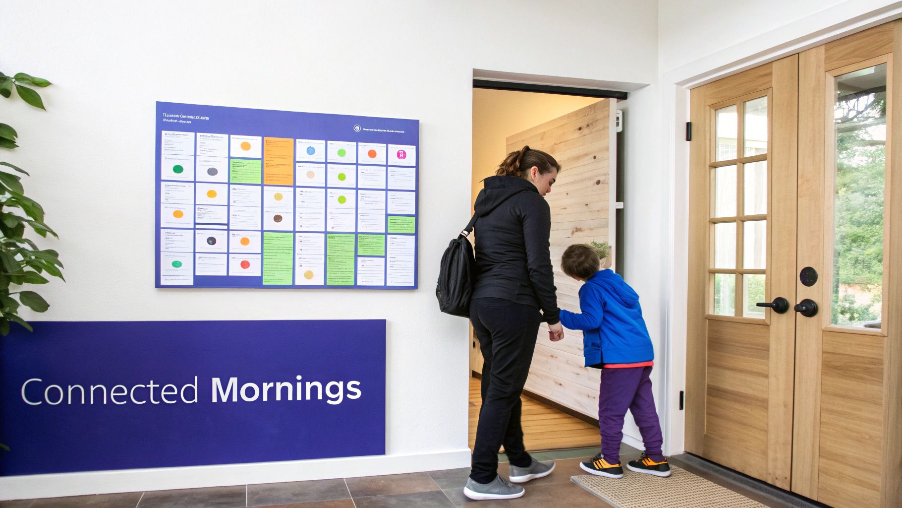 A woman and child in a hallway, looking at a wall-mounted family activity board and 'Connected Mornings' sign.
