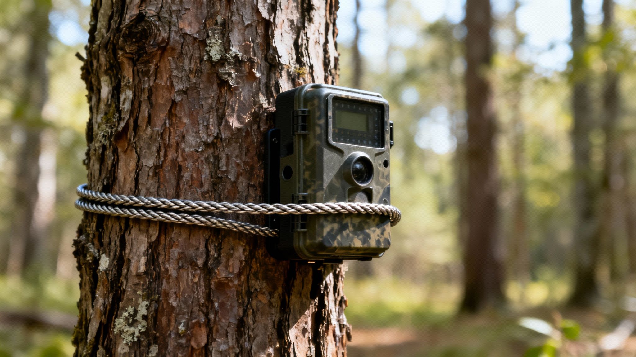 A camouflage trail camera is securely attached to a tree trunk in a forest with a thick cable lock.