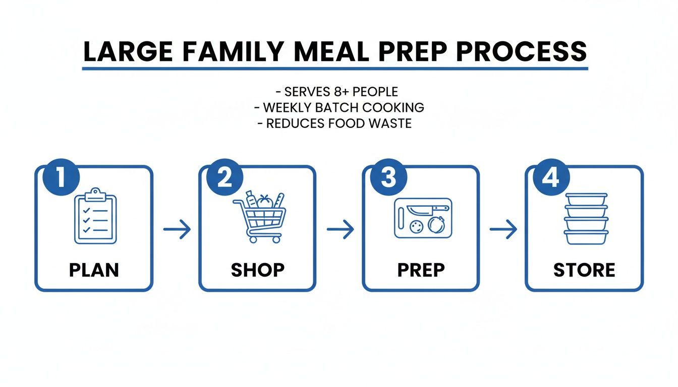 A flowchart showing the large family meal prep process: Plan, Shop, Prep, and Store, serving 8+ people.