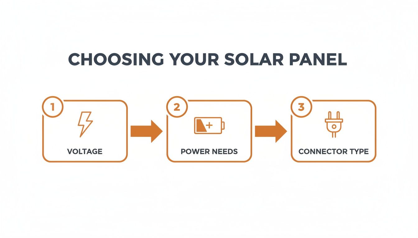 A three-step guide for choosing your solar panel, detailing voltage, power needs, and connector type.