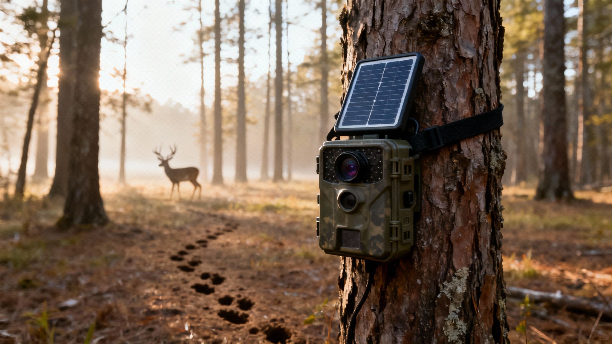Solar-powered trail camera attached to a tree, with a deer in a misty forest background.
