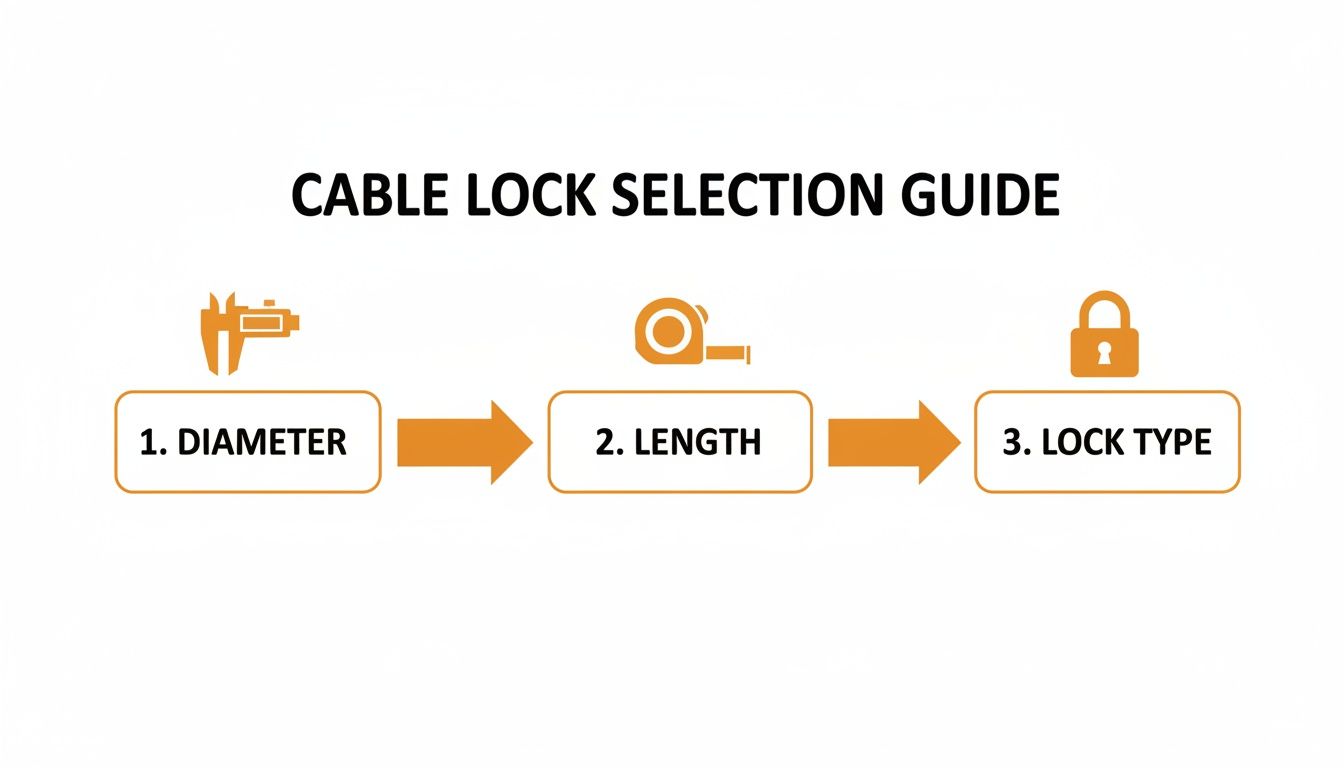 A cable lock selection guide illustrating steps to choose a lock by diameter, length, and lock type.