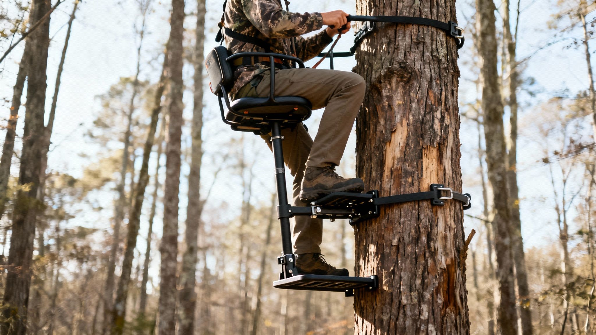 A person wearing camouflage gear on a tree climber stand in a wooded area.