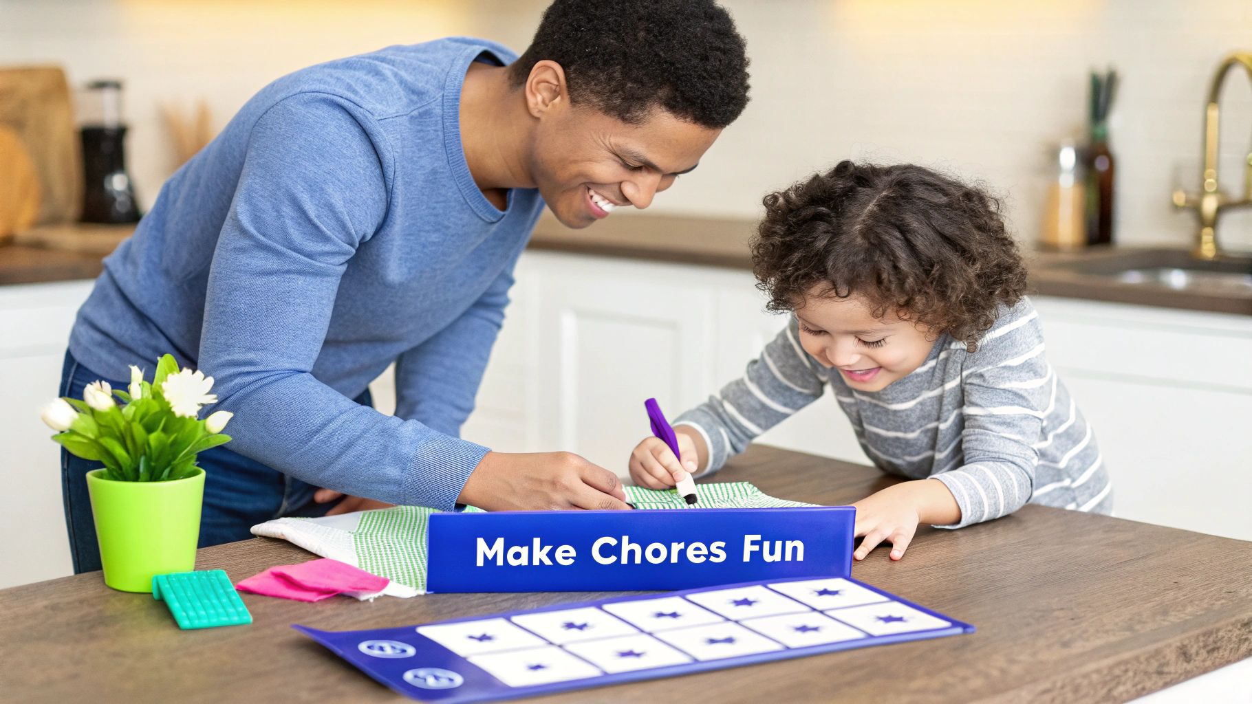 A smiling father and child are using a "Make Chores Fun" activity board together in a kitchen.