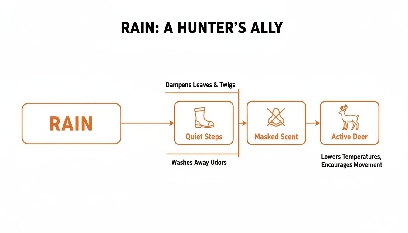 Flowchart illustrating how rain acts as a hunter's ally, leading to quiet steps, masked scent, and active deer.