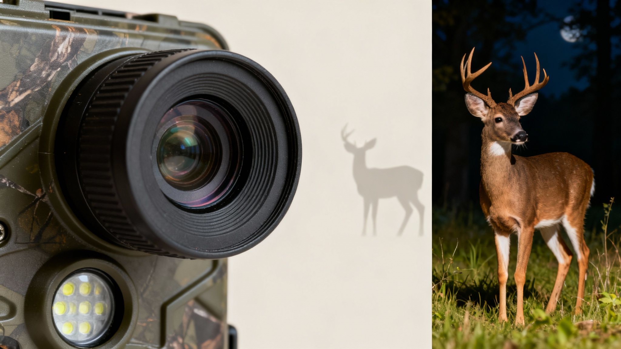 A camouflage game camera lens, a deer shadow, and a real buck under a moonlit sky.